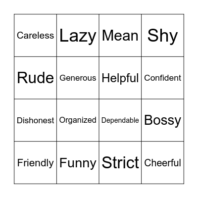 Character Trait Bingo Card