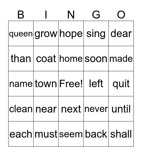 2nd Quarter Sight Words Bingo Card