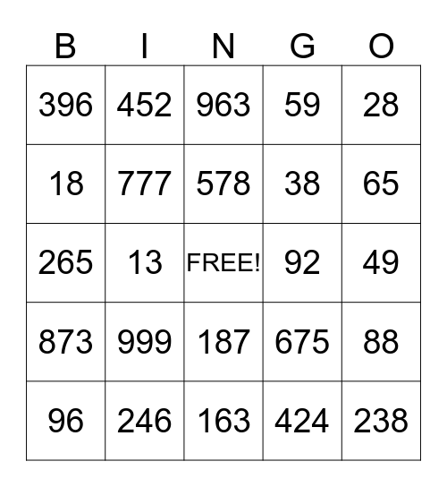 Place Value Bingo Card