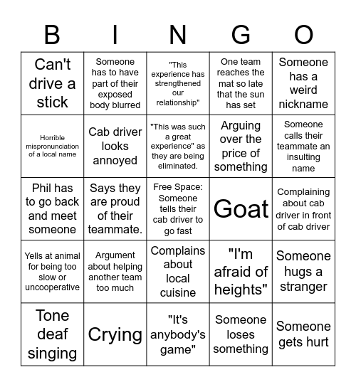 The Amazing Race Bingo Card