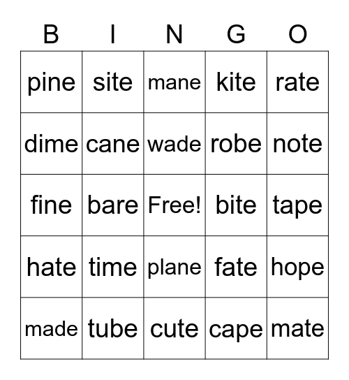 Amazing Silent e #2 Bingo Card