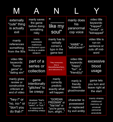 ManlyBadassHero Video Bingo Card