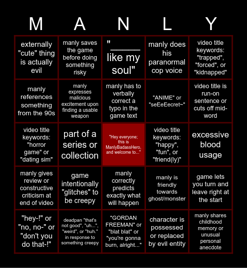 ManlyBadassHero Video Bingo Card