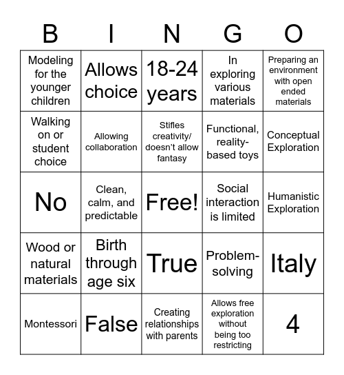 Montessori Bingo Card