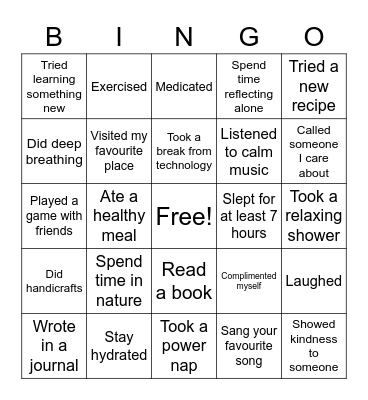 Mental wellness Bingo Card