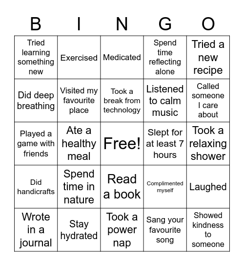 Mental wellness Bingo Card