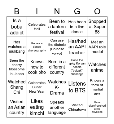 AAPI Bingo! Bingo Card