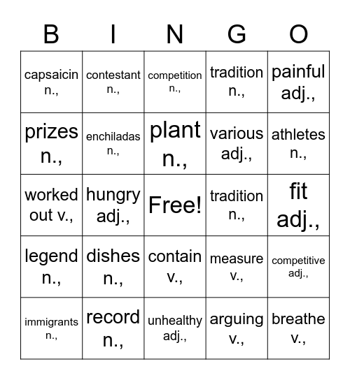 REF 1 Target Vocabulary Unit 2 Bingo Card