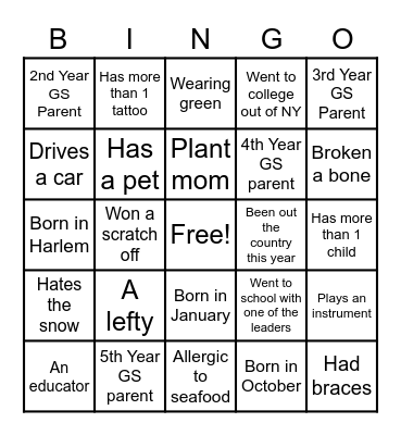 Get to know Parents Bingo Card