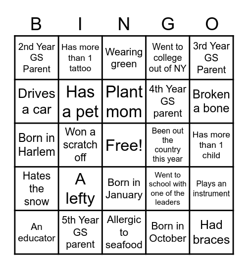 Get to know Parents Bingo Card