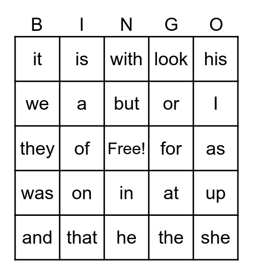 Pre-Primer Bingo Card