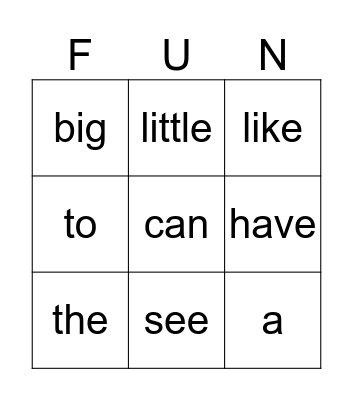 Sight Words Bingo Card