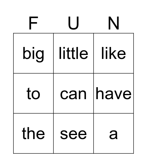 Sight Words Bingo Card