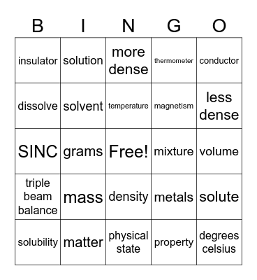 Properties of Matter Bingo Card