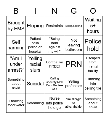 ED Mental Patient Bingo Card