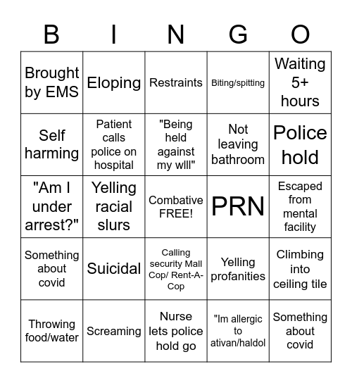 ED Mental Patient Bingo Card