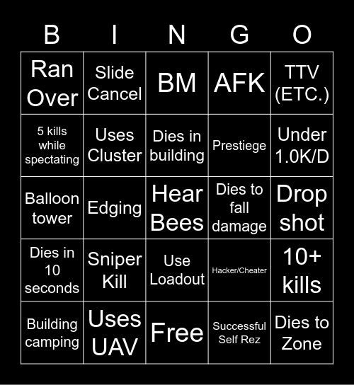Warzone Bingo Card
