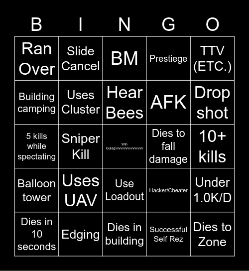Warzone Bingo Card