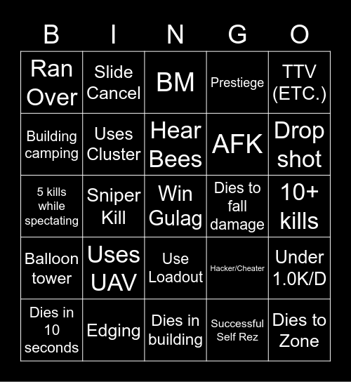 Warzone Bingo Card