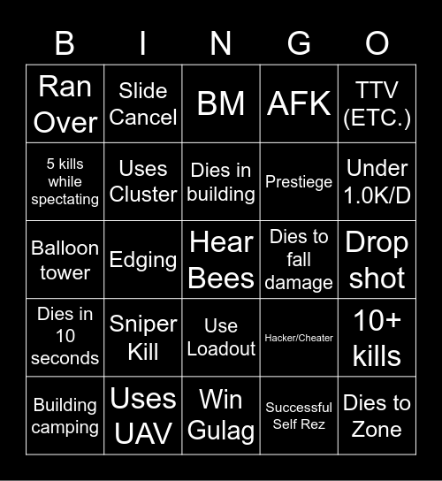 Warzone Bingo Card