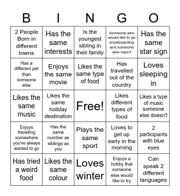 Getting to know you Bingo Card