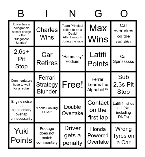 Suzuka Bingo Card