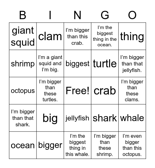 I'm the Biggest Thing in the Ocean Bingo Card