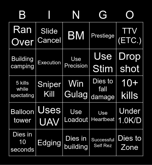 Warzone Bingo Card