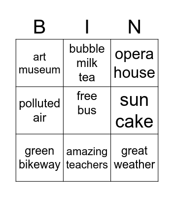 Taichung Bingo Card