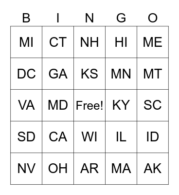 States Abbreviations Bingo Card