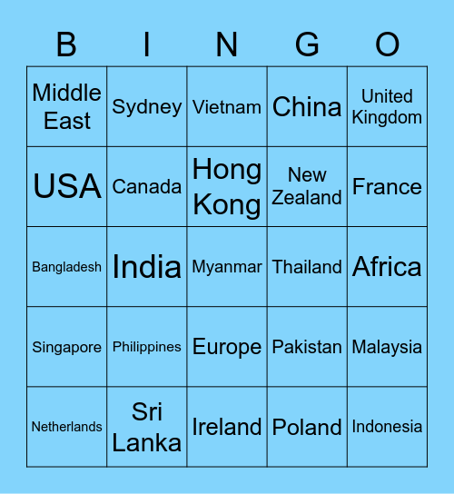 CIMA countries Bingo Card