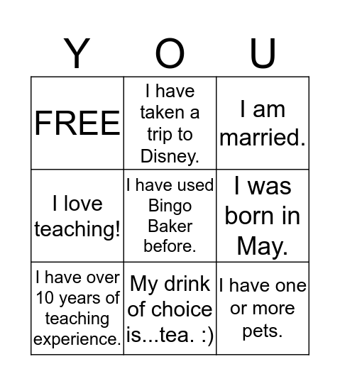 About You Bingo Card