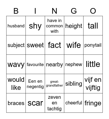 Vocabulary Bingo Card