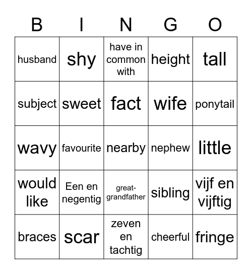 Vocabulary Bingo Card