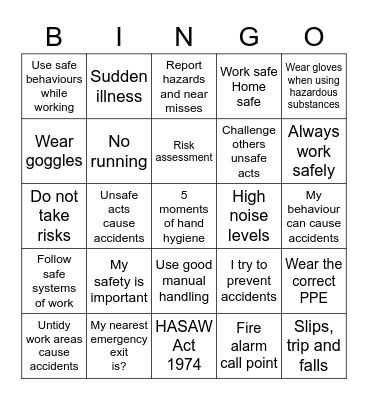 Health and Safety Bingo Card