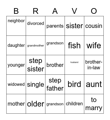 Family Members Bingo Card