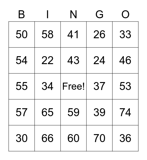 Numbers 1 - 75 Bingo Card