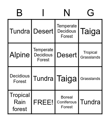 Biomes Bingo Card