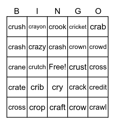 Cr Consonant Blend Bingo Card