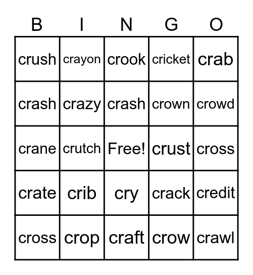 Cr Consonant Blend Bingo Card