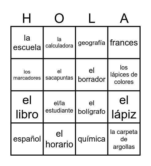 En la Escuela Bingo Card