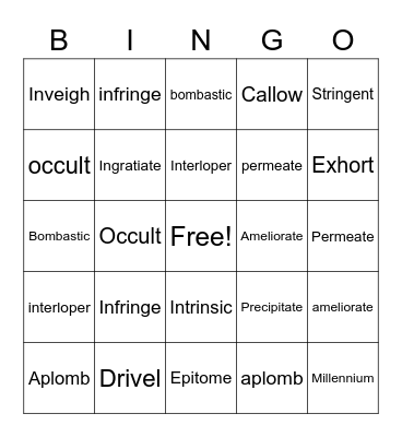 Vocabulary Bingo J.K Bingo Card