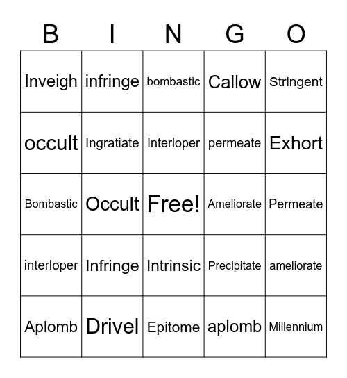 Vocabulary Bingo J.K Bingo Card