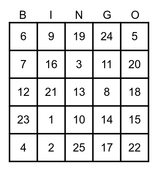 Number Bingo Card