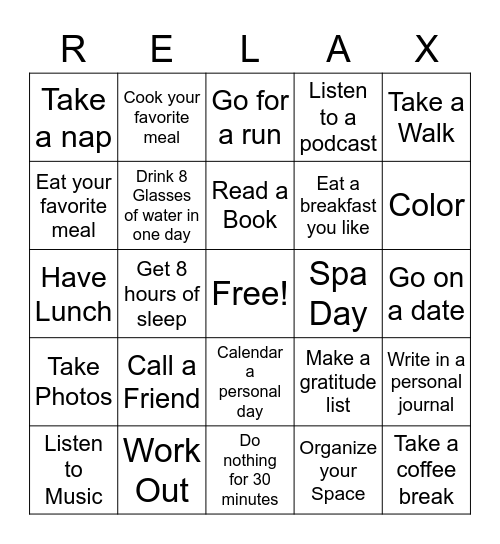 Playwork Relax Bingo Card