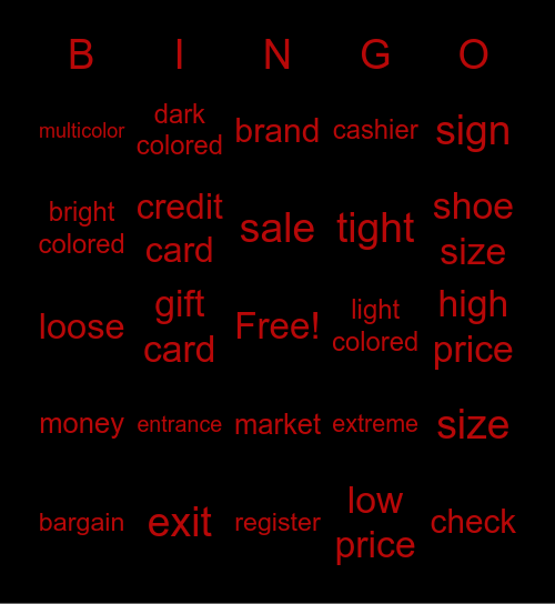 Clothing Shopping Bingo Card
