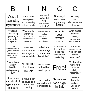 Nutrition Bingo Card