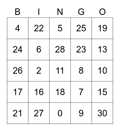 French Numbers 0-30 Bingo Card