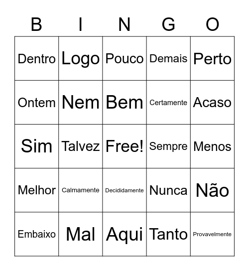 Advérbios Bingo Card
