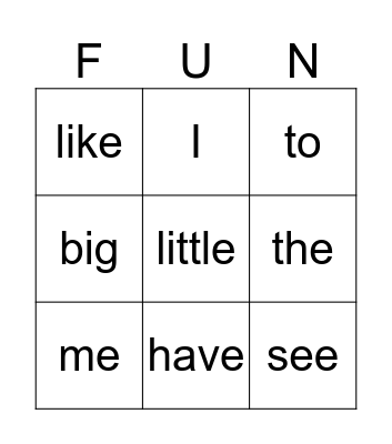 Sight Words Bingo Card